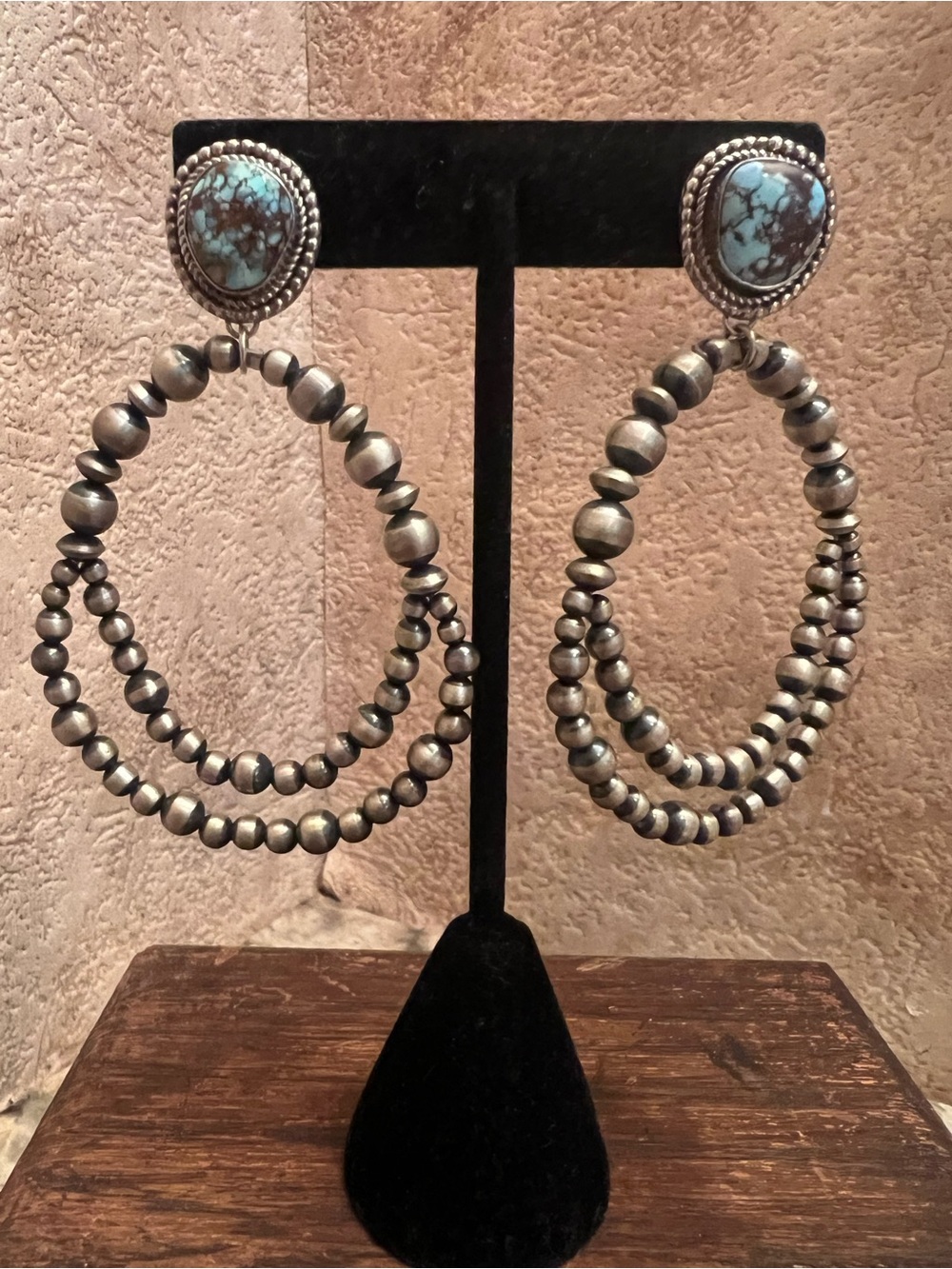 Gerald Mitchell Navajo Sterling Silver Turquoise & Navajo Pearl Hoop Earrings